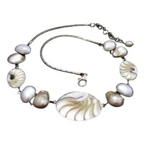 Vintage Stunning Bezel Set Freshwater Pearl Shell Sterling Silver 925 Necklace